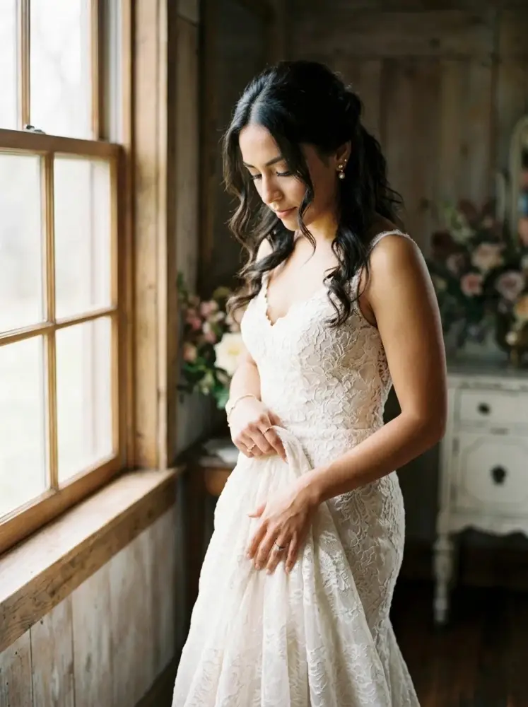 Bride posing by window wearing her wedding dress