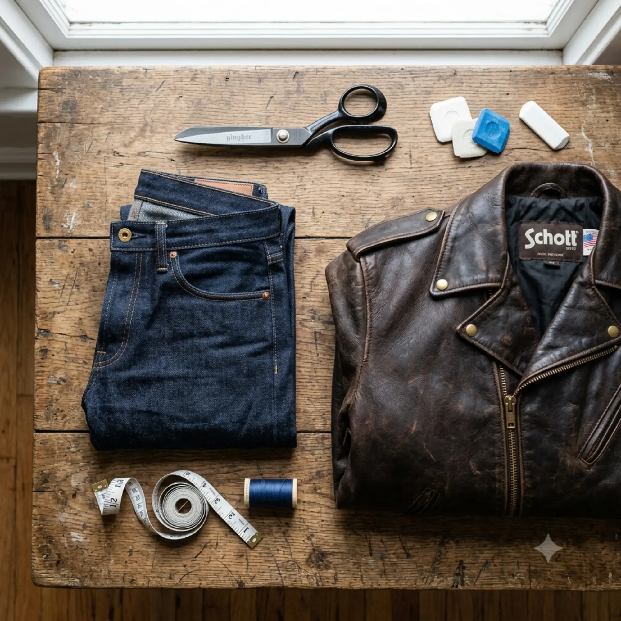 garments and alteration tools on top of a work desk