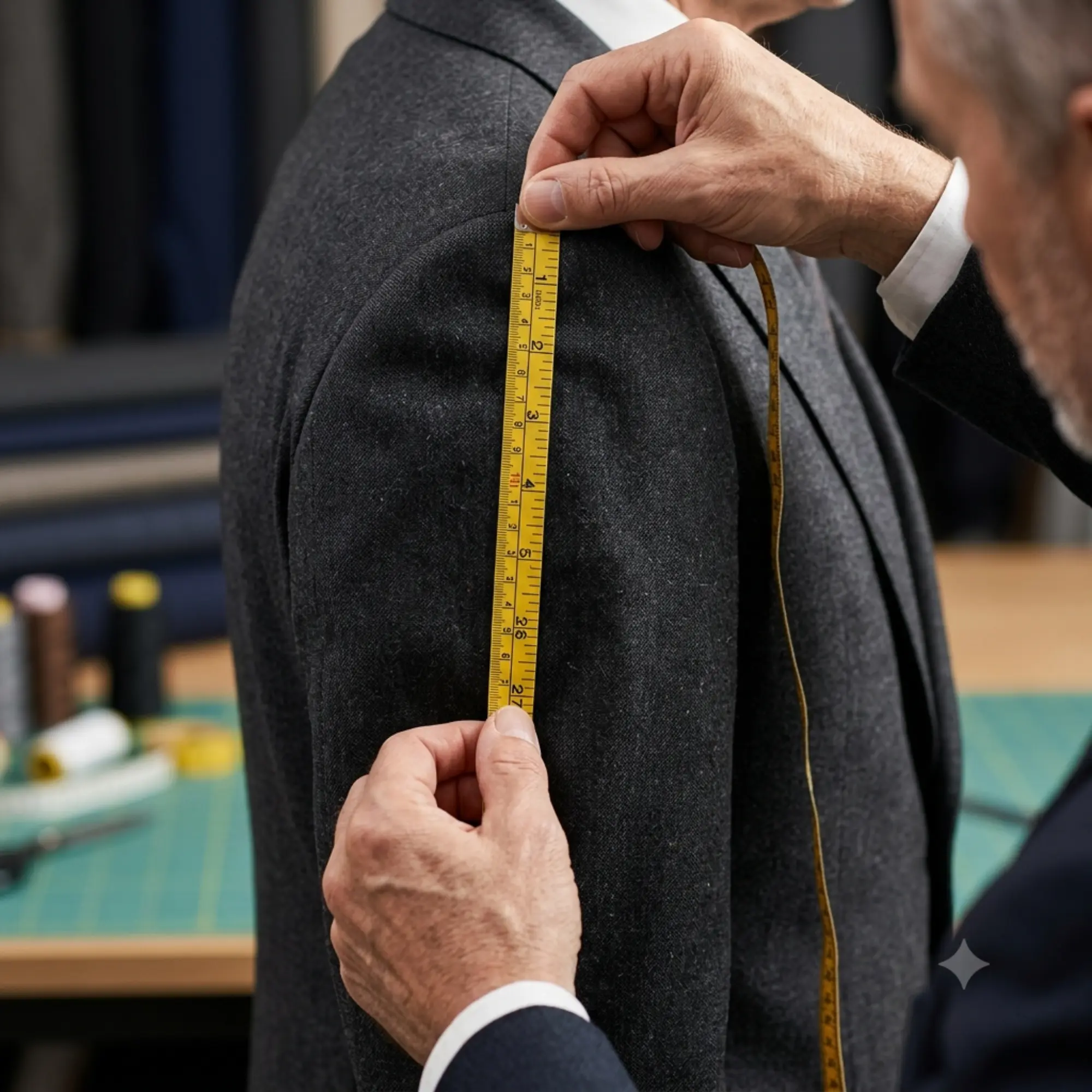 professional tailor measuring suit jacket sleeve