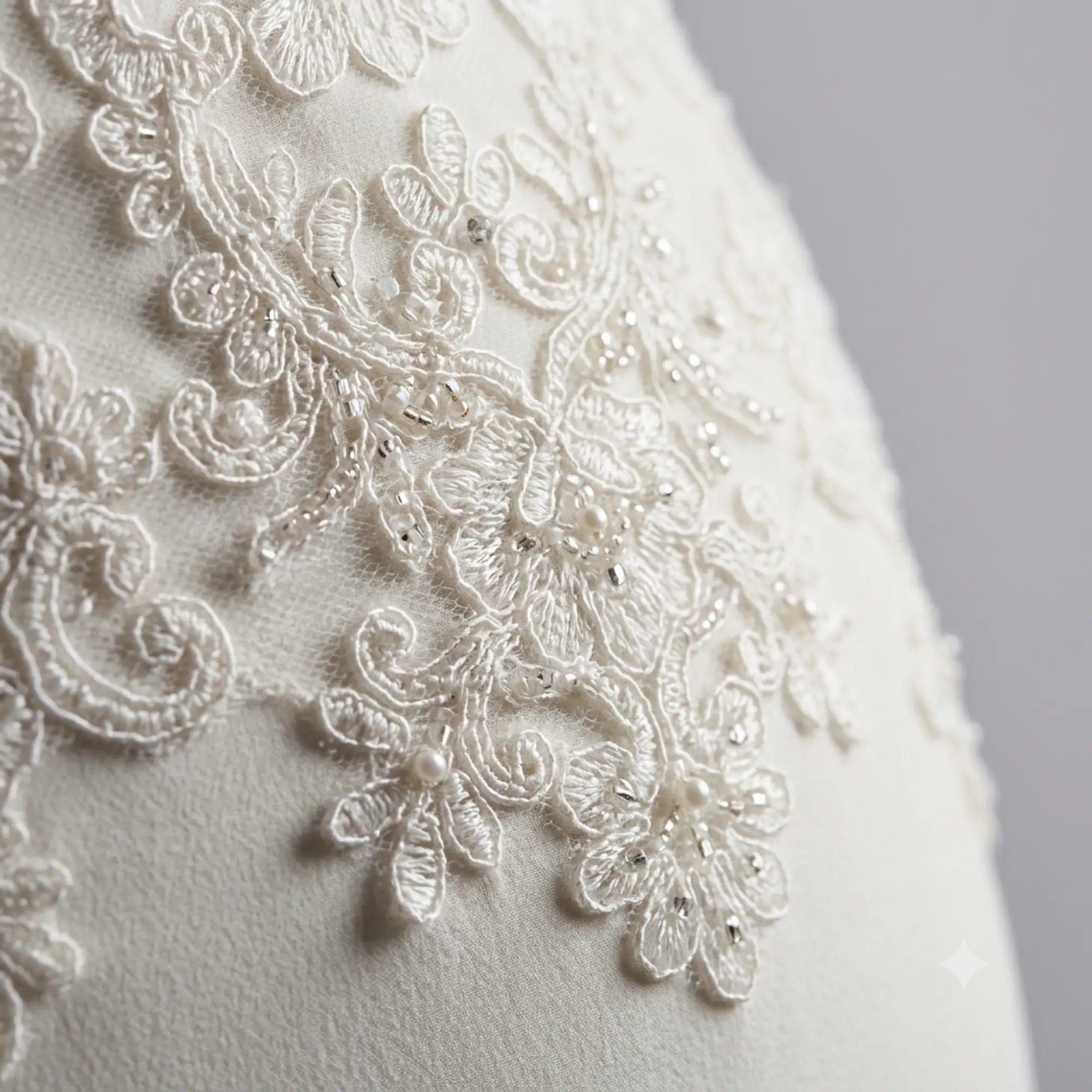 Zoomed in aplique decoration of a wedding dress
